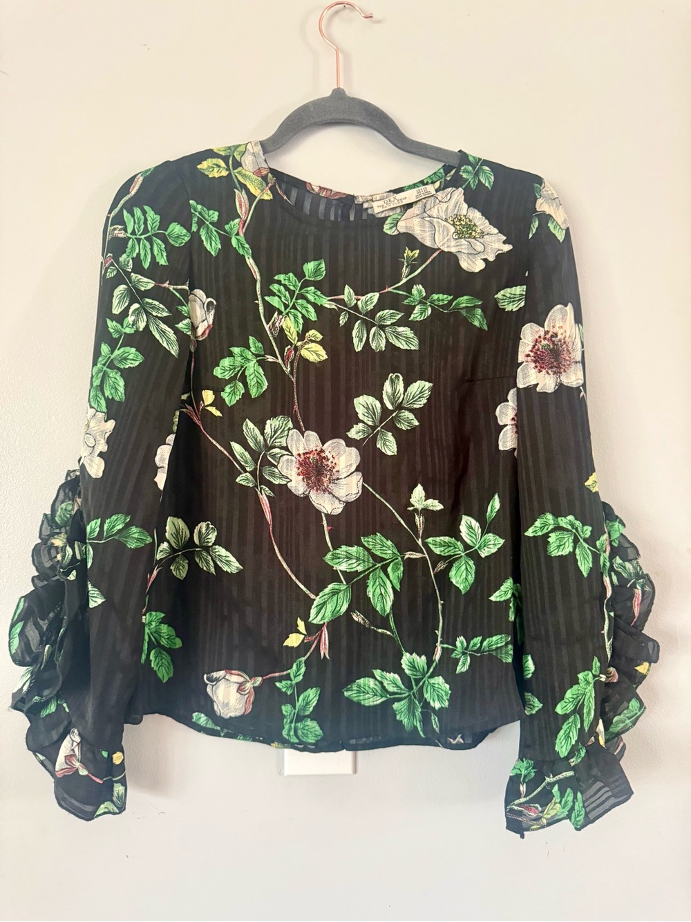 Dex Floral Semi-Sheer Blouse with Tiered Ruffle Sleeves